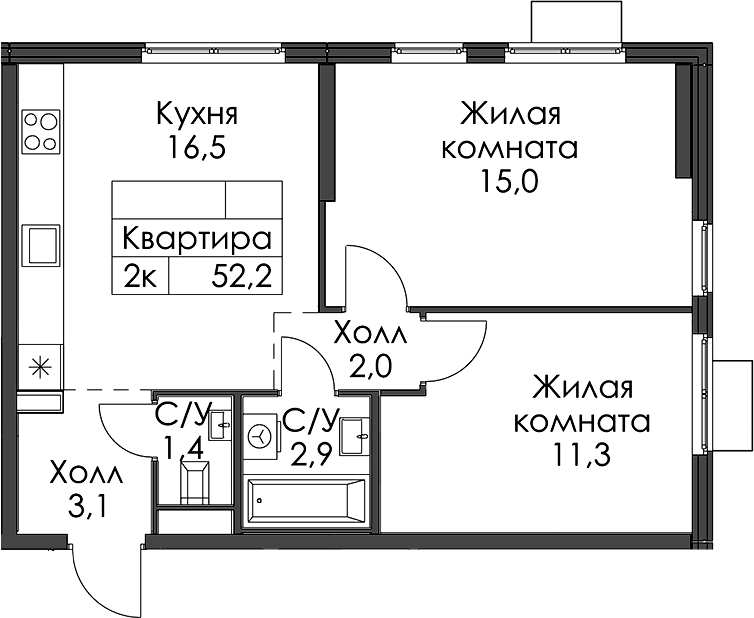 2-комнатная квартира 52.2 м², 12/15 эт., ЖК «Заречный парк»